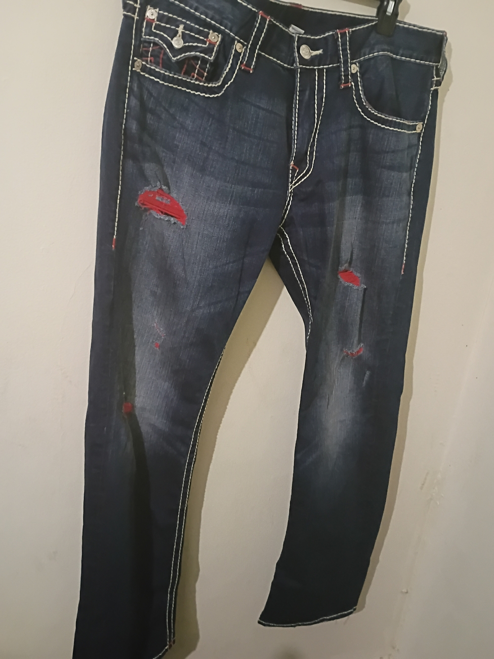 True Religion Dark Blue Slim Jeans with Red Distressed Accents